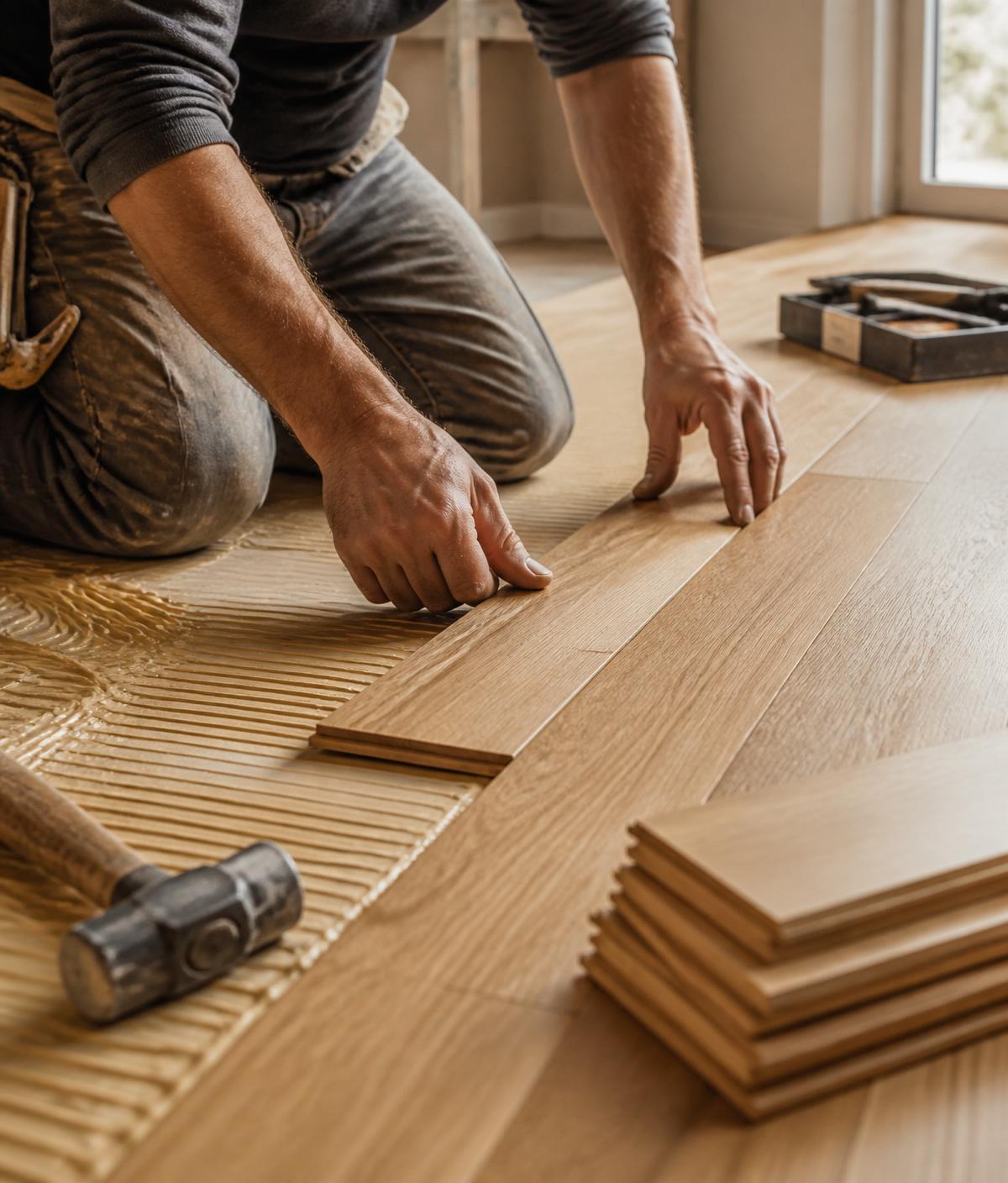 Skilled craftsman installing hardwood floor planks